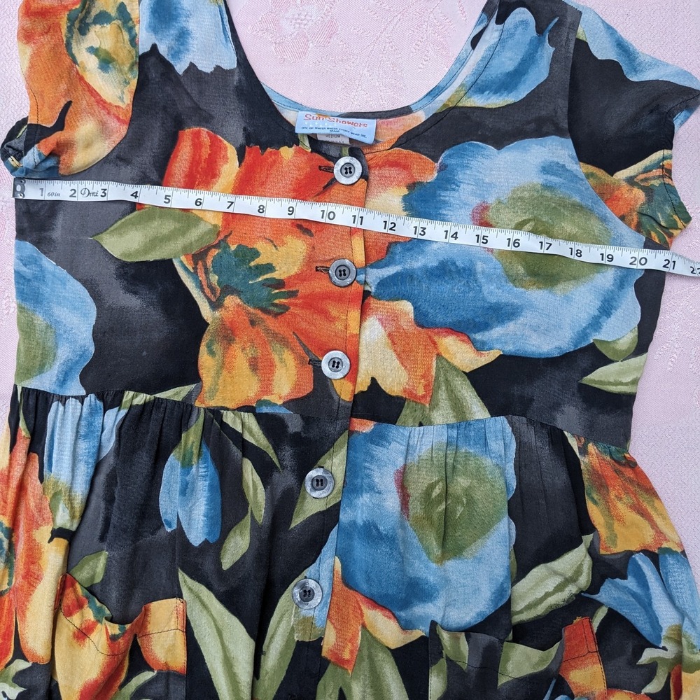 Vintage 90s Watercolor Floral Rayon Mini Dress M Button Front Babydoll Pockets - Picture 10 of 16
